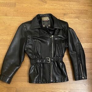 Lands' End Biker Black Leather Jacket with Belt